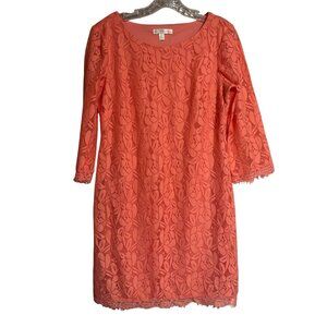 London Times Coral Lace Floral Dress Size 8 3/4 Sleeve Scoop Neck Fully Lined